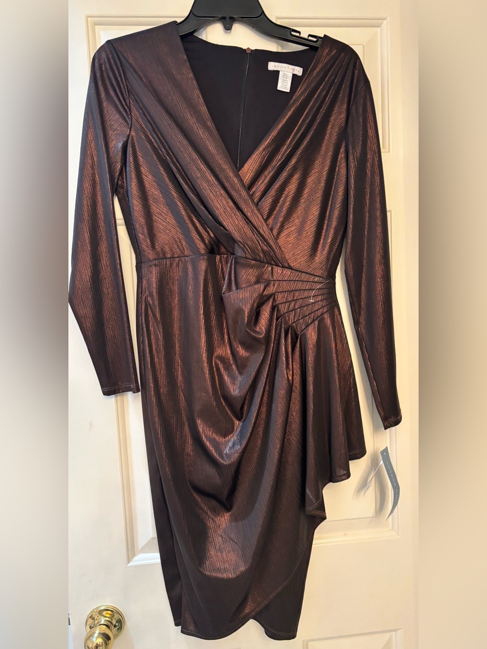 London Times Bronze Metallic Long Sleeve Draped Wrap Dress